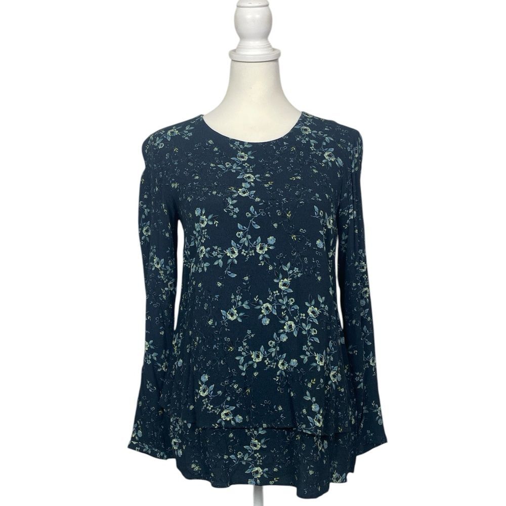 J. Jill Floral Blouse Blue Green Rayon Boho Flowy Top Keyhole Back Long Sleeve